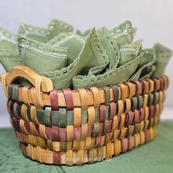Vtg Multicolored Hand Woven Basket Wooden Bottom Handles Oblong Serving Storage - Picture 1 of 12